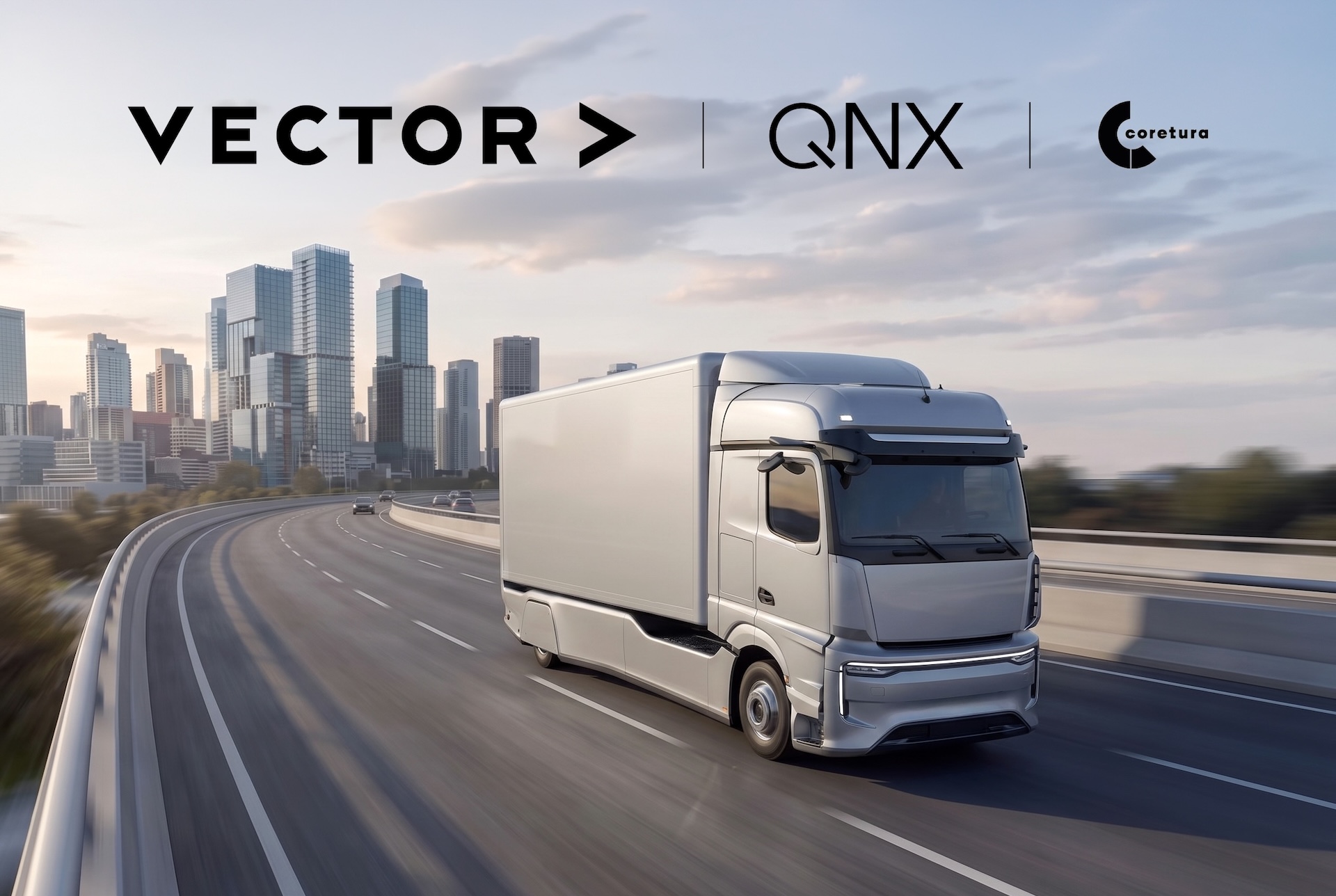 Coretura commercial vehicle with Vector, QNX, and Coretura logos